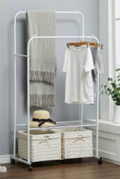 ExtraStar Double-Rod Rolling Clothes Rack, Metal Garment Rack with Wheels in White - thumbnail 2