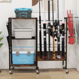 Gymax Fishing Rod Holder Fishing Gear Tackle Cart With Universal Wheels in Black - thumbnail 3