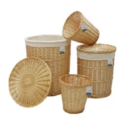JVL Hand Woven Acacia Set of 2 Round Laundry Willow Baskets with 2 Waste Paper Baskets in Gold