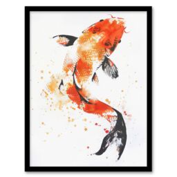Artery8 Japanese Koi Carp Fish Orange Black Watercolour Framed Art Print - Size: A4 - thumbnail 1