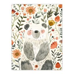 "Artery8 Happy Cute Baby Bear with Flowers Watercolour Wall Art Print - Size: W18"" x H24""" - thumbnail 1