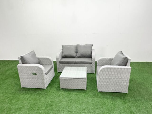 Fimous Light Grey PE Wicker Rattan Garden Furniture Set Sofa Set Reclining Adjustable Chair Square Coffee Table 4 Seater - image 1