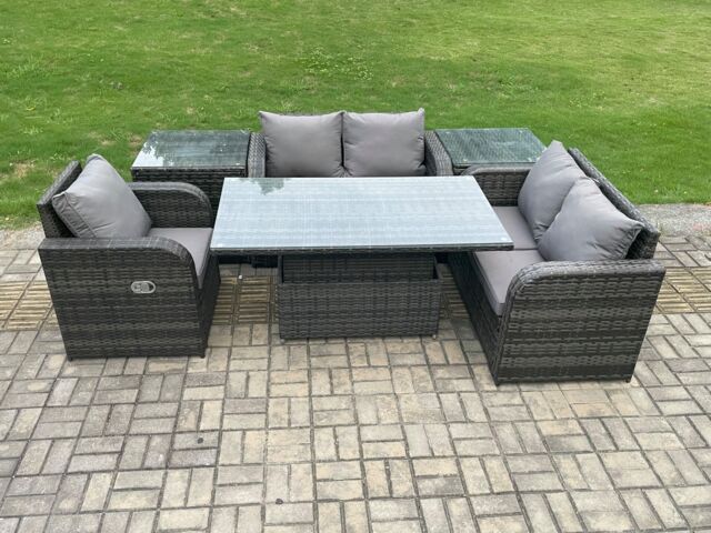 Fimous 5 Seater Rattan Furniture Garden Dining Set Outdoor Height Adjustable Rising lifting Table Love Sofa Chair in Dark Grey - image 1
