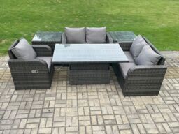 Fimous 5 Seater Rattan Furniture Garden Dining Set Outdoor Height Adjustable Rising lifting Table Love Sofa Chair in Dark Grey - thumbnail 2