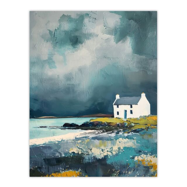 "Artery8 Classic Scottish Lochside Cottage Oil Painting Wall Art Print in Grey - Size: W18"" x H24""" - image 1