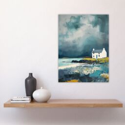 "Artery8 Classic Scottish Lochside Cottage Oil Painting Wall Art Print in Grey - Size: W18"" x H24""" - thumbnail 4