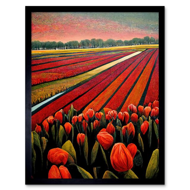 "Artery8 Wall Art Print Red Tulip Fields Of Holland Netherlands Modern Oil Art Framed in Black - Size: W12"" x H16""" - image 1