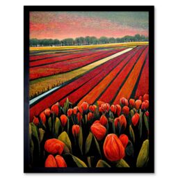 "Artery8 Wall Art Print Red Tulip Fields Of Holland Netherlands Modern Oil Art Framed in Black - Size: W12"" x H16""" - thumbnail 1
