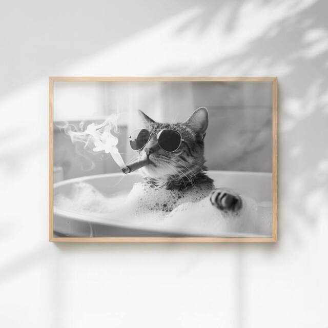60 SECOND MAKEOVER Cat Smoking A Cigar In The Bath Quirky Animal Print - Size: A4 - image 1