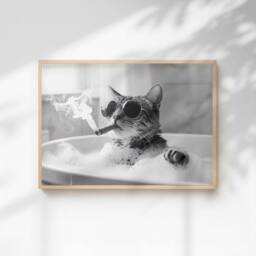 60 SECOND MAKEOVER Cat Smoking A Cigar In The Bath Quirky Animal Print - Size: A4 - thumbnail 1