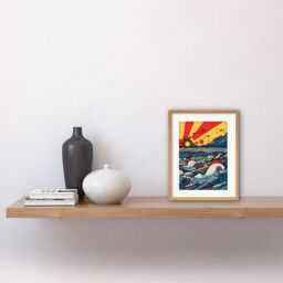 "Artery8 Wall Art Print Seascape Sunset Comic Book Style Geometric Pattern Waves Polka Dot Halftone Artwork Framed 9X7 Inch in Beige - Size: W7"" x H9""" - thumbnail 2