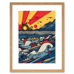 "Artery8 Wall Art Print Seascape Sunset Comic Book Style Geometric Pattern Waves Polka Dot Halftone Artwork Framed 9X7 Inch in Beige - Size: W7"" x H9""" - thumbnail 1
