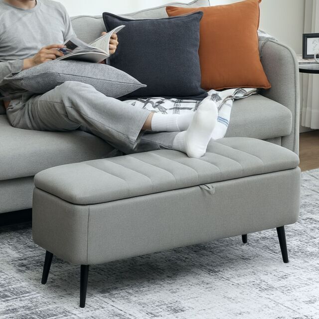HOMCOM Storage Ottoman Bench, Linen Fabric Footstool with Steel Legs in Light Grey - image 1