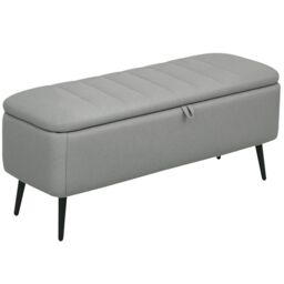 HOMCOM Storage Ottoman Bench, Linen Fabric Footstool with Steel Legs in Light Grey - thumbnail 2