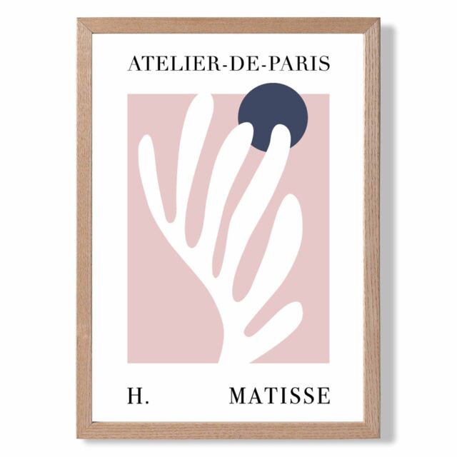 ARTZE Matisse Floral Cutout Pink & Blue Exhibition Framed Print SIZE: A2 with Oak Frame in Navy - Size: A4 - image 1