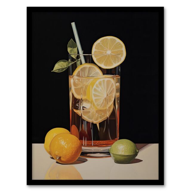 "Wee Blue Coo Wall Art Print Long Island Iced Tea Refreshing Cocktail Drink Kitchen Realistic Oil Painting Art Framed in Black - Size: W12"" x H16""" - image 1