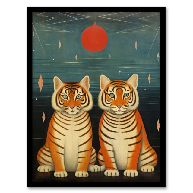 "Wee Blue Coo Wall Art Print Tiger Twins Tea Party Cute Animal Cubs Living Room Framed - Size: W12"" x H16""" - image 1