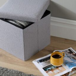 Home Source Folding Ottoman Cream Boucle Teddy Bear Fabric Chest Solid Storage Box in Grey - thumbnail 3
