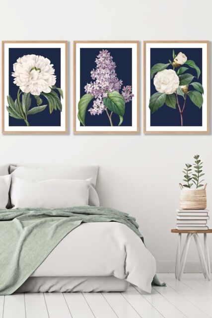 ARTZE Set of 3 Oak Framed Vintage Flowers Lilac, Peony & Camellia on Navy Blue Wall Art - Size: W53 cm x H73 cm x D20mm - image 1