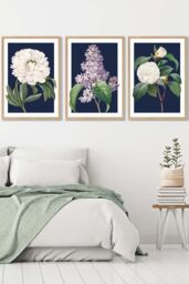 ARTZE Set of 3 Oak Framed Vintage Flowers Lilac, Peony & Camellia on Navy Blue Wall Art - Size: W53 cm x H73 cm x D20mm - thumbnail 1