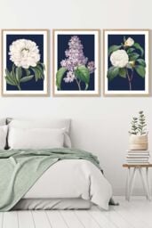 ARTZE Set of 3 Oak Framed Vintage Flowers Lilac, Peony & Camellia on Navy Blue Wall Art - Size: W53 cm x H73 cm x D20mm