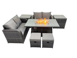 Fimous 6-seater Rattan Garden Furniture Set with 2 Side Tables 2 Small Stools in Dark Grey - thumbnail 1