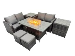Fimous 6-seater Rattan Garden Furniture Set with 2 Side Tables 2 Small Stools in Dark Grey - thumbnail 2