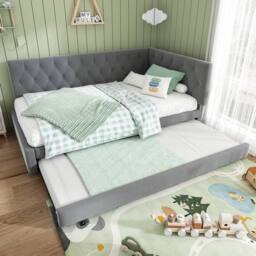 Matteo Grey Velvet Upholstered Daybed with Pull-Out Trundle - 3FT Single - thumbnail 8