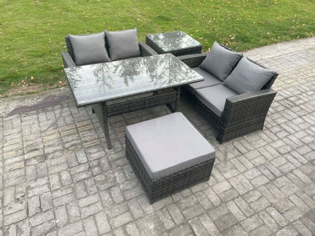 Fimous PE Wicker Rattan Garden Furniture Set Love Sofa Outdoor Rectangular Dining Table Big Footstool Side Table Dark Grey Mixed - image 1