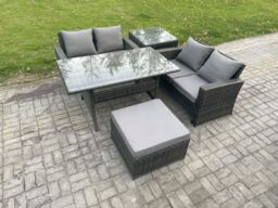 Fimous PE Wicker Rattan Garden Furniture Set Love Sofa Outdoor Rectangular Dining Table Big Footstool Side Table Dark Grey Mixed - thumbnail 1
