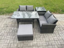 Fimous PE Wicker Rattan Garden Furniture Set Love Sofa Outdoor Rectangular Dining Table Big Footstool Side Table Dark Grey Mixed - thumbnail 2