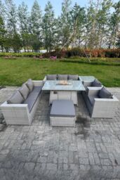 Fimous Rattan Fire Pit Set Gas Heater Burner Lounge Sofa Dining Set Coffee Table Chairs Footstool in Light Grey - thumbnail 3