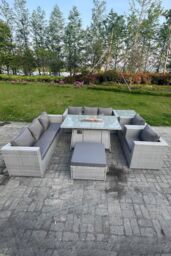 Fimous Rattan Fire Pit Set Gas Heater Burner Lounge Sofa Dining Set Coffee Table Chairs Footstool in Light Grey - thumbnail 1