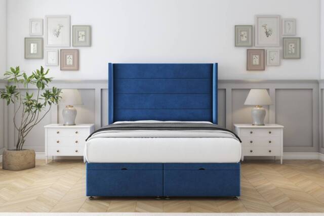 "Comfort Beds Milano Plush Ottoman Bed Base-54"" Wingback Headboard in Navy - Size: Small Double" - image 1