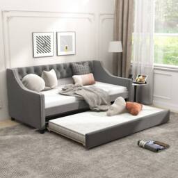 Costway Linen Upholstered Daybed Single Size Trundle Bed Sofa Bed Frame in Grey - thumbnail 3