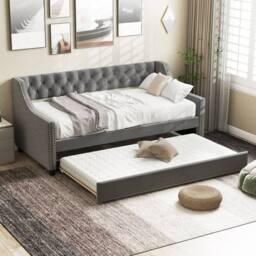 Costway Linen Upholstered Daybed Single Size Trundle Bed Sofa Bed Frame in Grey - thumbnail 9