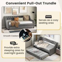 Costway Linen Upholstered Daybed Single Size Trundle Bed Sofa Bed Frame in Grey - thumbnail 5
