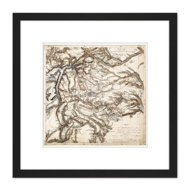 Artery8 Map Antique 1843 Munch Hardanger Voss Norway Replica 8X8 Inch Square Wooden Framed Wall Art Print Picture with Mount in Black - image 1