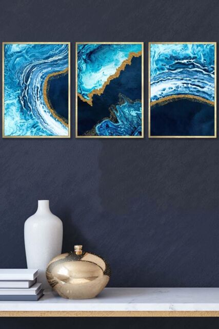 ARTZE Abstract Navy, Blue & Gold Oceans Framed Wall Art - Medium in Metallic Gold - Size: W45 cm x H62 cm x D20mm - image 1