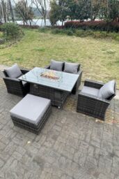 Fimous Rattan Outdoor Furniture Gas Fire Pit Rectangle Dining Table Gas Heater Chairs Sofa Sets 5 Seater in Dark Grey - thumbnail 1