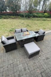 Fimous Rattan Outdoor Furniture Gas Fire Pit Rectangle Dining Table Gas Heater Chairs Sofa Sets 5 Seater in Dark Grey - thumbnail 3