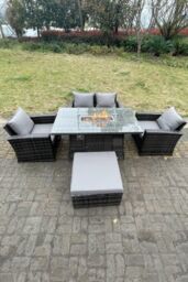 Fimous Rattan Outdoor Furniture Gas Fire Pit Rectangle Dining Table Gas Heater Chairs Sofa Sets 5 Seater in Dark Grey - thumbnail 4
