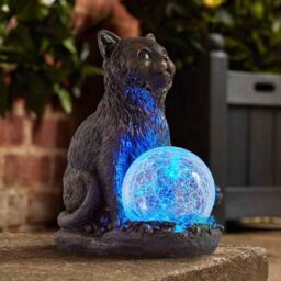 Marco Paul Resin Cat Solar Powered Garden Ornament with Crystal Ball 15cm in Grey