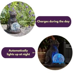Marco Paul Resin Cat Solar Powered Garden Ornament with Crystal Ball 15cm in Grey - thumbnail 8