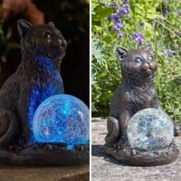 Marco Paul Resin Cat Solar Powered Garden Ornament with Crystal Ball 15cm in Grey - thumbnail 6