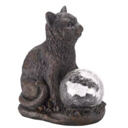 Marco Paul Resin Cat Solar Powered Garden Ornament with Crystal Ball 15cm in Grey - thumbnail 3