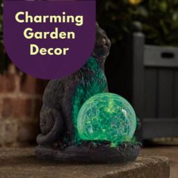 Marco Paul Resin Cat Solar Powered Garden Ornament with Crystal Ball 15cm in Grey - thumbnail 9