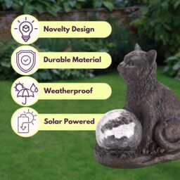 Marco Paul Resin Cat Solar Powered Garden Ornament with Crystal Ball 15cm in Grey - thumbnail 7