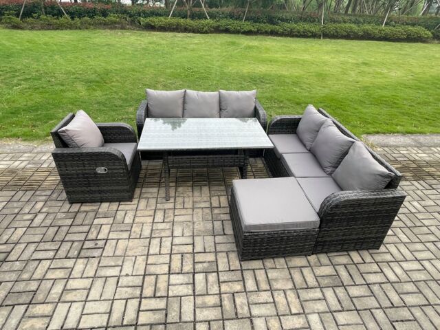 Fimous 8 Seater Rattan Garden Furniture Set Oblong Rectangular Dining Table & Chairs Set with 3 Seater Sofa Big Footstool Dark Grey Mixed - image 1