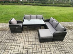 Fimous 8 Seater Rattan Garden Furniture Set Oblong Rectangular Dining Table & Chairs Set with 3 Seater Sofa Big Footstool Dark Grey Mixed - thumbnail 1
